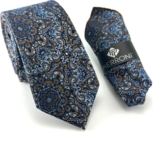 Mavi Kahve Desenli Mendilli Kravat