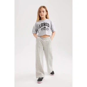 Kız Çocuk Gri Wide Leg Geniş Paça Basic Düz Pamuklu Pantolon B7784A8NS