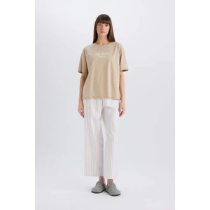 Pijama Takımı Regular Fit Bisiklet Yaka Baskılı Kısa Kollu Üst Çizgili Uzun Alt-Fall in Love E3483AX25SP