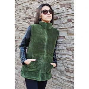 Kadın Haki Yeşil Dik Yaka Kalın Peluş Fermuarlı Yelek 24KYLKK215