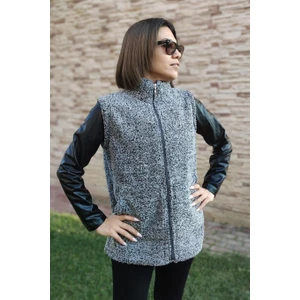 Kadın Gri Melanj Dik Yaka Kalın Peluş Fermuarlı Yelek 24KYLKK215