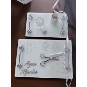 Cyz Home Adore Gümüş Beyaz Incili Söz Tepsisi Nişan Tepsisi ve Damat Kahve Fincan Tepsisi