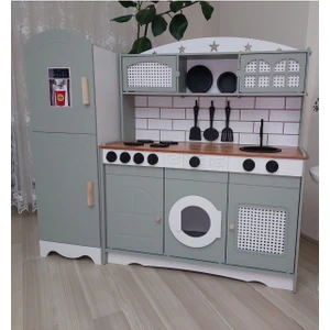 Çocuklar Için Vintage Ahşap Oyuncak Mutfak Buzdolabı 1 LED Işıklı