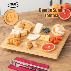 Bambu Peynir Pizza Tahtası Sunum Tahtası 360 Derece Dönen Yuvarlak Lüx Servis Tabağı 35 x 30 x 1.5 cm