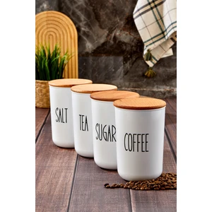 Moda Ozy 4'lü Ahşap Vakum Kapaklı Transfer Etiketli Tea/sugar/coffe/salt Akrilik Kavanoz 900ML