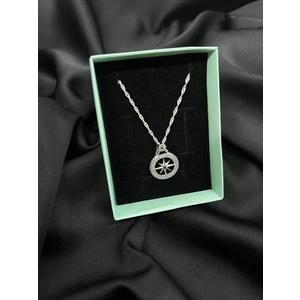 Kural Jewelry 925 Ayar Gümüş 50 cm Singapur Zincir Pusula Zirkon Taş Kolye Kadın
