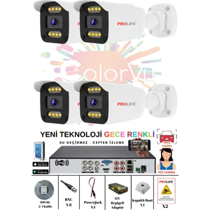 4 Kameralı Gece Renkli White Warm Ledli Yüz ve Araç Algılamalı 5 Mp Kuruluma Hazır Dış Mekan Güvenlik Kamerası Seti