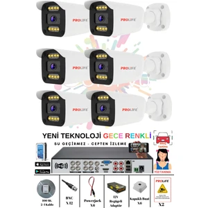 6 Kameralı Gece Renkli White Warm Ledli Yüz ve Araç Algılamalı 5 Mp Kuruluma Hazır Güvenlik Kamerası Seti