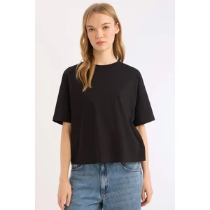 Coool Loose Fit Bisiklet Yaka Basic Düz Kalın Kumaş Kısa Kollu Siyah Tişört E0291AX25SM