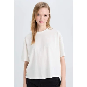 Coool Loose Fit Bisiklet Yaka Basic Düz Kalın Kumaş Kısa Kollu Beyaz Tişört E0291AX25SM
