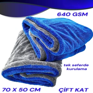 ( 70X50 ) cm Süper Kalın Çift Katman  Mikrofiber Vakum Oto Kurulama Havlu 640 Gsm (Mavigri)