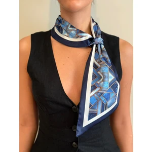 Eleva Glam Kravat Eşarp Mavi Kot Desen Şık Tasarım Kadın Aksesuarı İnce Dikişli