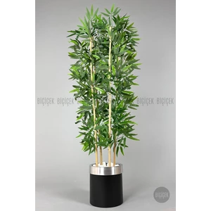 Yapay Bambu Ağacı 140 cm Siyah Gümüş Metal Saksıda