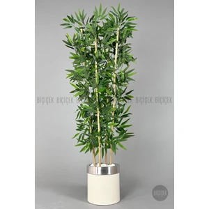 Yapay Bambu Ağacı 140 cm Krem Gümüş Metal Saksıda
