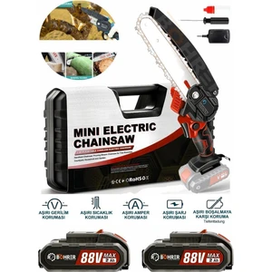 Böhre 58VF 5AH 6'' 20 cm Pala Dark Red Şarjlı Çift Akülü Mini Zincirli Budama Testere Makinesi