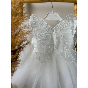 ALYRA Kız Çocuk Beyaz Elbise Kız Bebek Uzun Kollu Kanatlı Doğum Günü Parti Düğün Özel Gün Tüllü Tütü Astarlı Prenses Elbise Çocuk Giyim ALY0330