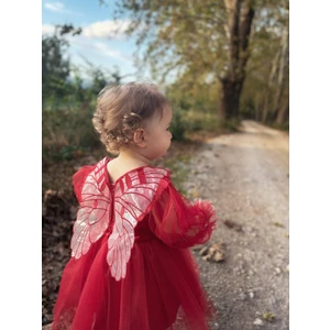 ALYRA Kız Çocuk Kırmızı Elbise Kız Bebek Uzun Kollu Kanatlı Doğum Günü Parti Düğün Özel Gün Tüllü Tütü Astarlı Prenses Elbise Çocuk Giyim ALY0330