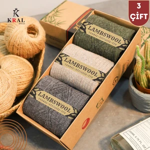Kral Socks Erkek - Kadın Termal Etkili 3 Çift Kutulu Kışlık Yünlü Lambswool Dikişsiz Çorap