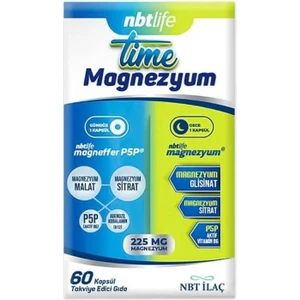 NBT İlaç Time Magnezyum 60 Kapsül Malat Glisinat Sitrat Formül B6 Vitaminli Türkiye Üretimi