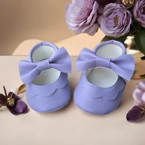 My Minie Kız Bebek Makosen Ayakkabı, Lila Rengi, Suni Deri, Fiyonklu Lastikli Ilk Adım Ayakkabısı.