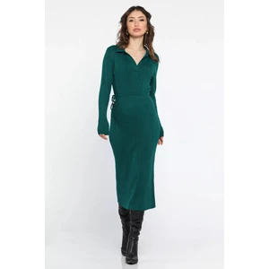 Kadın Polo Yaka Bel Bağlamalı Uzun Triko Elbise