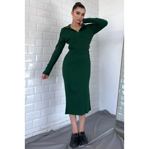 Kadın Polo Yaka Bel Bağlamalı Uzun Triko Elbise