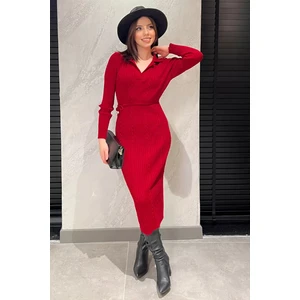 Kadın Polo Yaka Bel Bağlamalı Uzun Triko Elbise