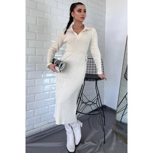 Kadın Polo Yaka Bel Bağlamalı Uzun Triko Elbise