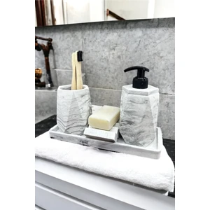 4 Parça Mermer Desenli Beton Banyo Seti Katı Sıvı Sabunluk Diş Fırçalık Tepsi
