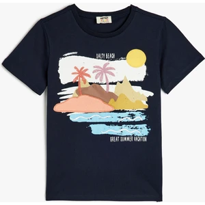 Bisiklet Yaka Kısa Kollu Baskı Detaylı Pamuklu Tişört