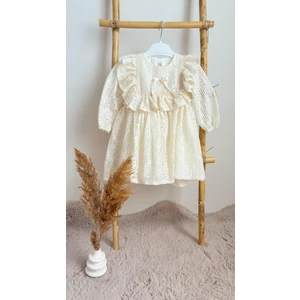 Alyra Kids Kız Çocuk Elbise Bebek Uzun Kollu Dantelli Fiyonklu Fırfırlı Parti Düğün Doğum Günü Astarlı Elbise Krem ALY0290