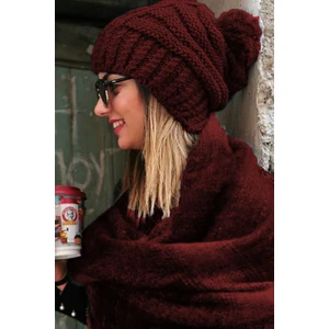 Kadın Örgü Model Ponponlu Triko Bordo Bere