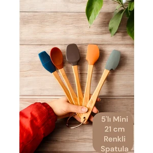 5 Parça  Bambu Saplı Mini 21 cm Silikon Spatula Kaşık Fırça Seti