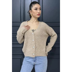Kadın Incili Taşlı Triko Hırka