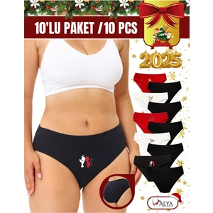 Alya Underwear Kadın Pamuklu Kırmızı Siyah Beyaz Yeni Yıl Baskılı Külot, 10'lu Paket  (Multicolor - X40)
