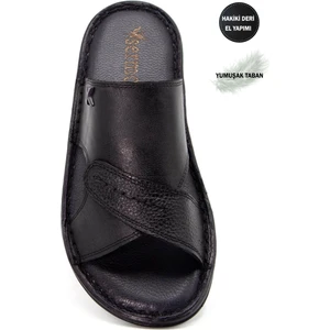 Hakiki Gerçek Deri Erkek Terlik Hafif Terlik Deri Siyah