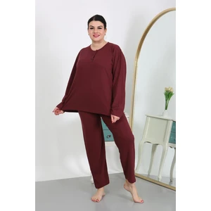 Kadın Büyük Beden Uzun Kol Penye Pijama Takımı Bordo 202501