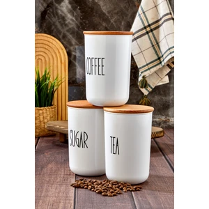 Moda Ozy 3'lü Ahşap Vakum Kapaklı Transfer Etiketli Tea/sugar/coffe Akrilik Kavanoz 900ML