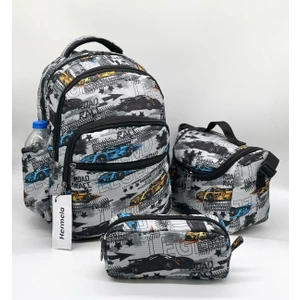 Erkek Çocuğu Ilkokul Çantası Araba Desenli 3'li Takım Ilk Okul Çantası Gri