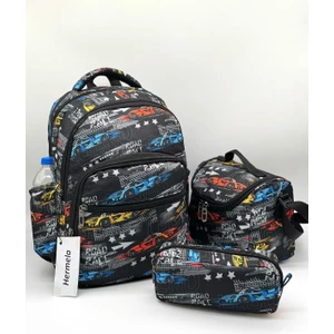Erkek Çocuğu Ilkokul Çantası Araba Desenli 3'li Takım Ilk Okul Çantası Siyah