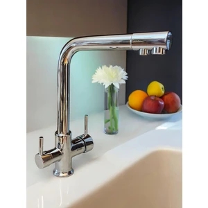 Su Arıtma Çıkışlı Lüks Mutfak Bataryası 3 Yollu Pirinç Gövde-Bakır Borulu-Krom eviye Musluğu