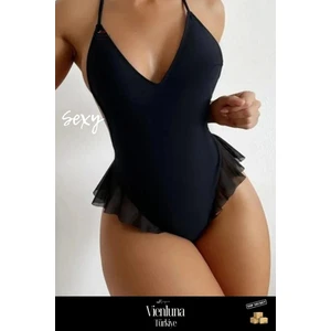 Premium Seri Kadın Lüks Fantezi Şık Çekici Modern Esnek Zarif Rahat Günlük Siyah Fırfırlı Bodysuit