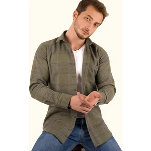 Haki Çizgili Slimfit Oduncu Erkek Gömlek
