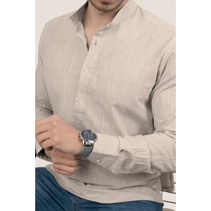 Bej Hakim Yaka Keten Üç Düğmeli Erkek Gömlek