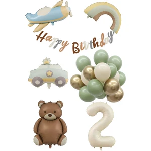 Patladı Gitti Retro 2 Yaş Doğum Günü Seti; Uçak, Araba, Gökkuşağı, Ayıcık ve 20 Adet Lateks Balon Set