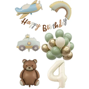 Patladı Gitti Retro 4 Yaş Doğum Günü Seti; Uçak, Araba, Gökkuşağı, Ayıcık ve 20 Adet Lateks Balon Set