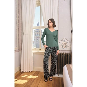 Kadın Çiçek ve Yaprak Desenli Dantelli Büyük Beden Pijama Takımı 24168BAT