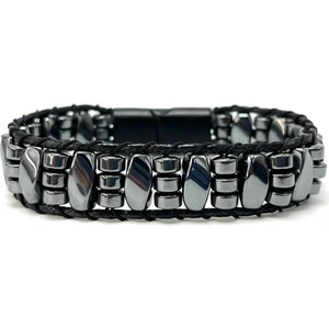 Yıldız Doğal Taş Sertifikalı Hematit Kilitli Doğal Taş Deri Erkek Bileklik Burgu ve Disk Kesim