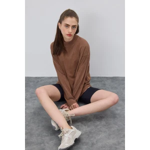 Kadın Kahverengi Eskitmeli Oversize Basic Uzun Kolu T-Shirt
