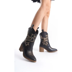 Bazal Siyah Mat Kovboy Bot Topuklu Rahat Nakışlı Western Bot